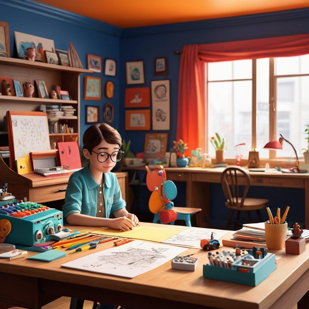 A whimsical, playful scene depicting a colorful animation studio filled with vibrant characters and naughty toys transforming into elegant, sophisticated adult content. The image should capture the blend of innocence and maturity, featuring animated figures that evoke humor and allure, surrounded by sketches and storyboards. Include elements like a classic animator's desk and bright, bold colors to create a dynamic atmosphere. bright colors. cartoon style. 3D.